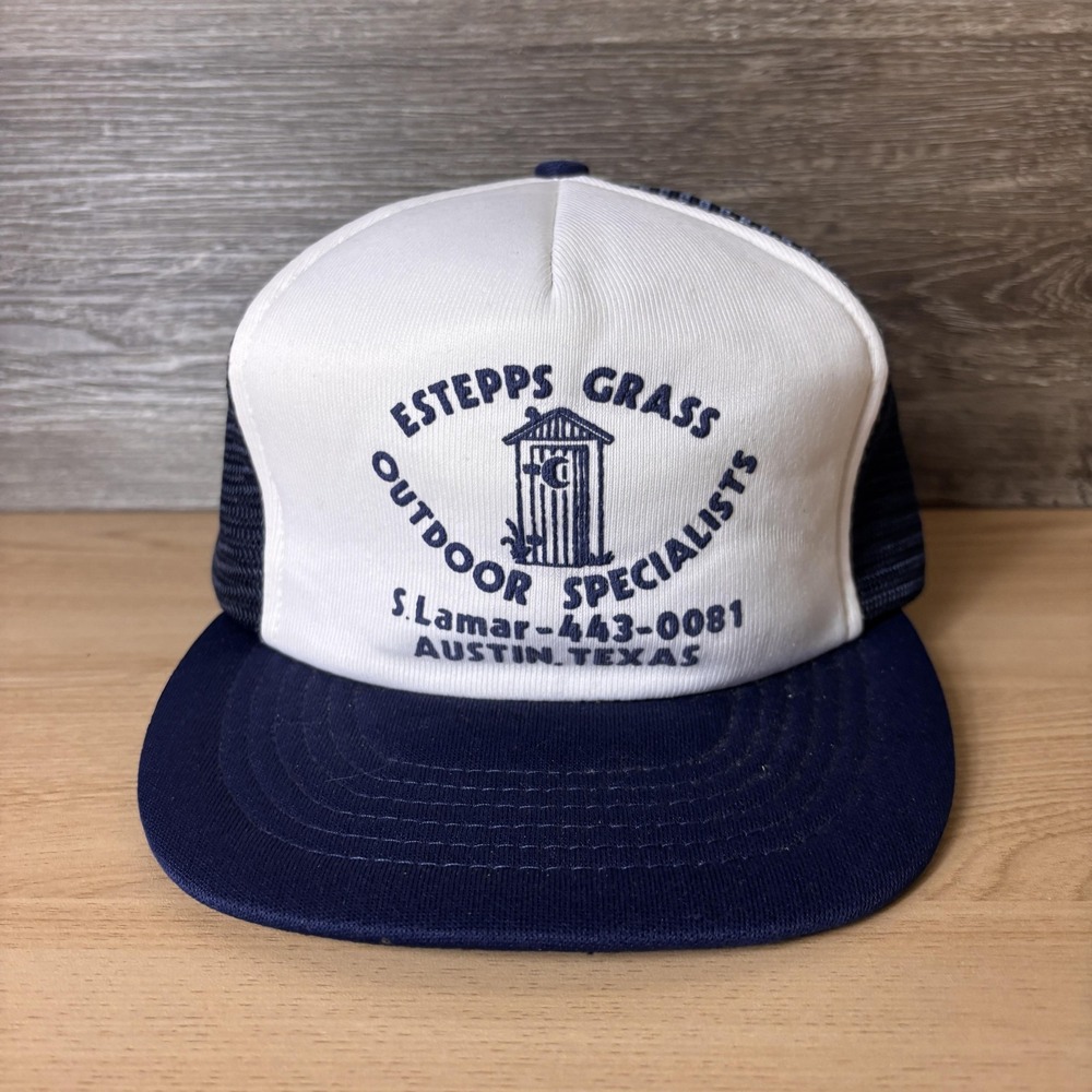VINTAGE Estepps Grass Hat Cap Snap Back Navy White Trucker Austin Texas Mens 80s